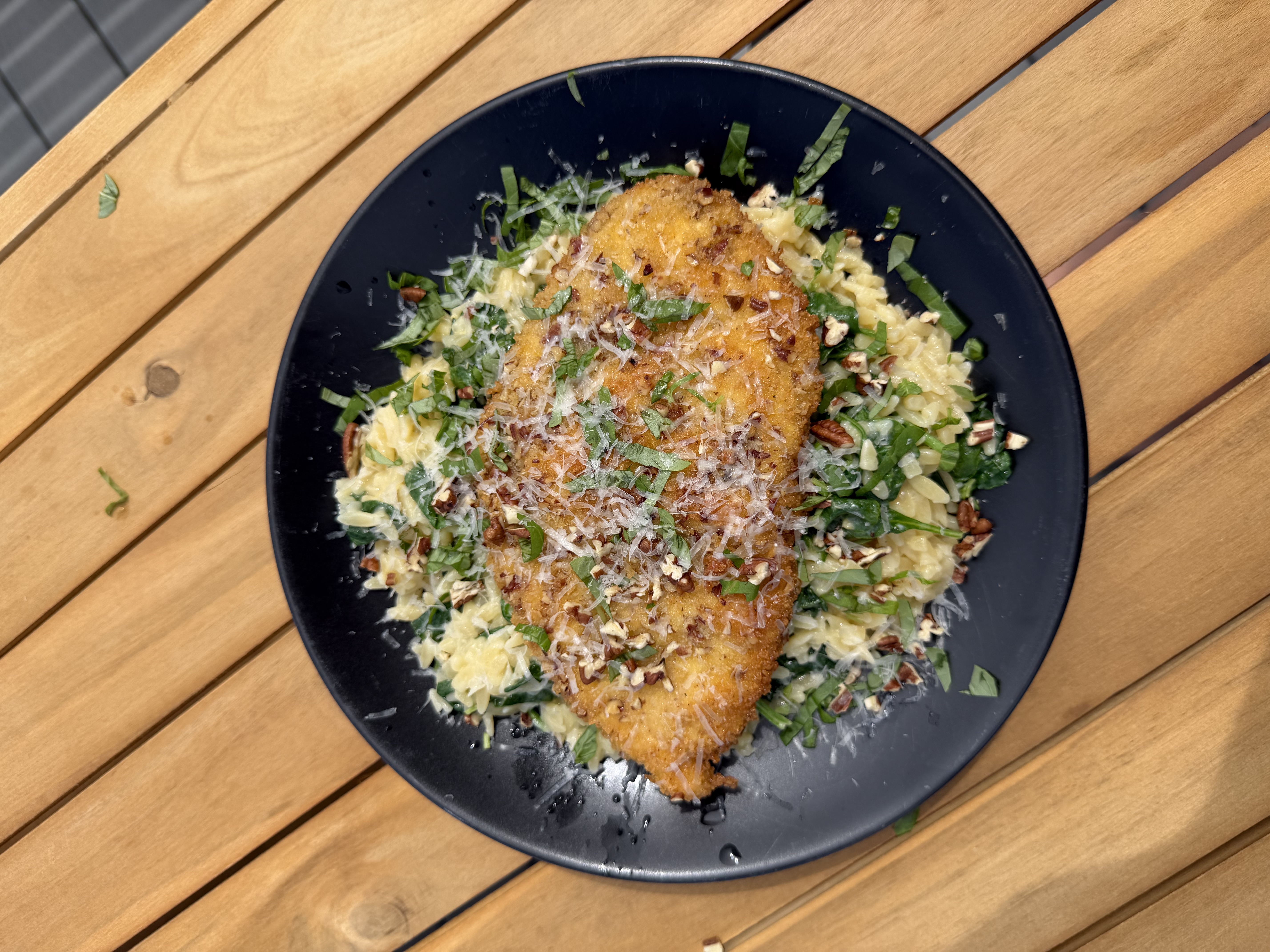 Pecan Crusted Chicken with Lemon Spinach Orzo