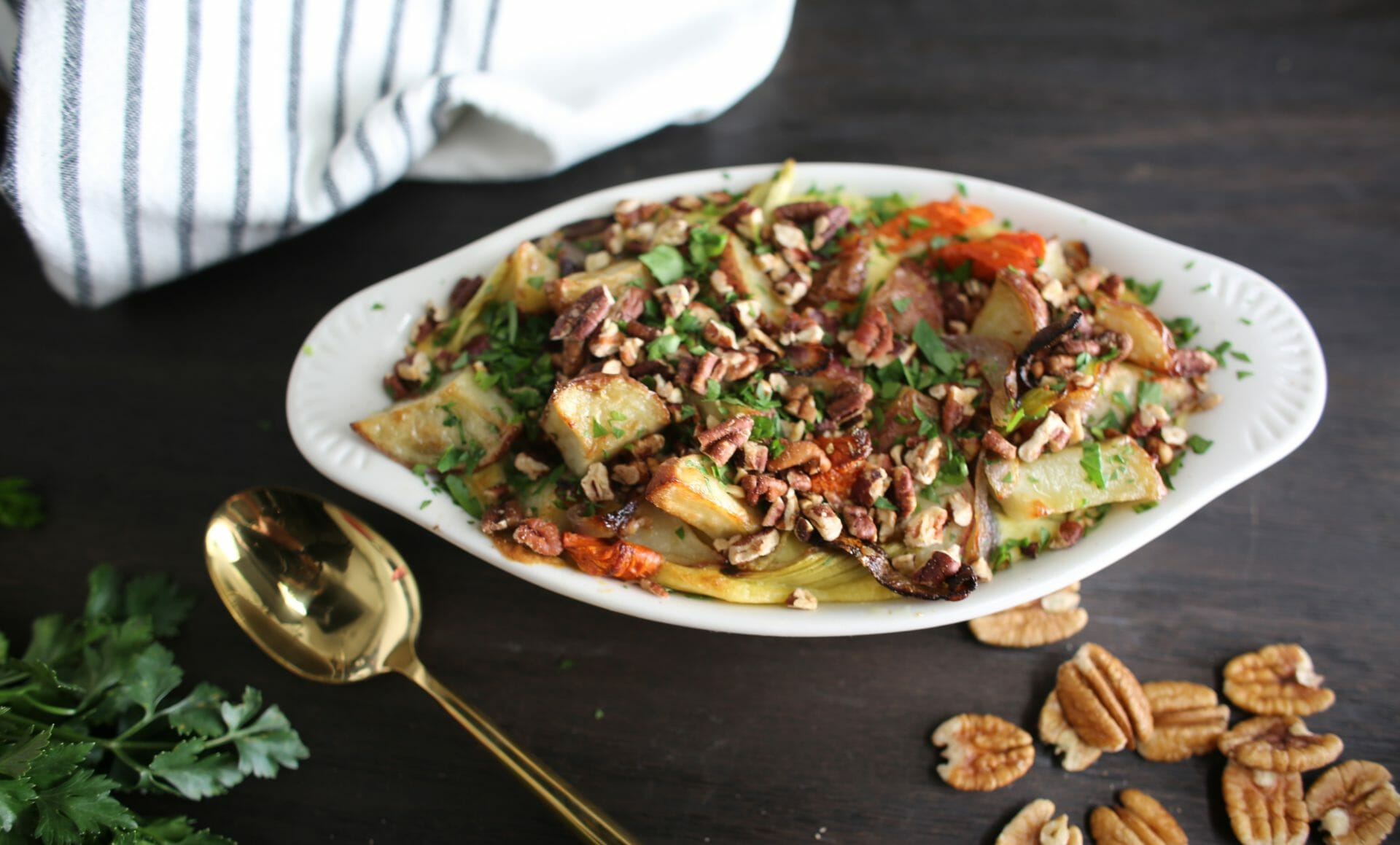 Roasted Veggies and Potato Mash with Toasted Pecans